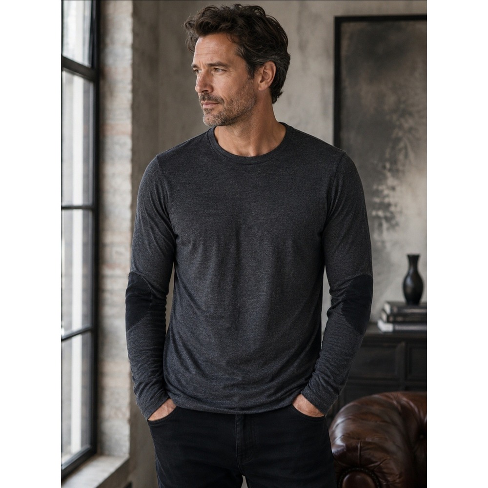John Varvatos Mens 100% Wool Charcoal Grey Elbow Patch Crewneck Sweater M